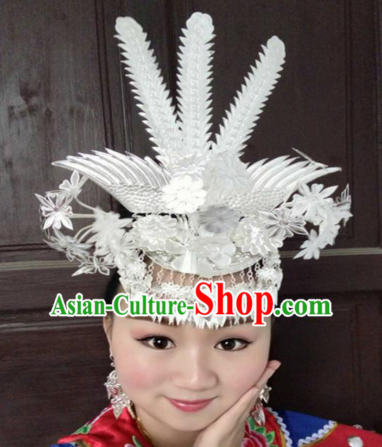 Chinese Traditional Ethnic Wedding Sliver Phoenix Coronet Hair Accessories Miao Nationality Bride Hairpins for Women