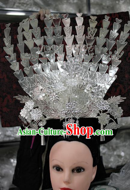 Chinese Traditional Ethnic Hair Crown Sliver Phoenix Coronet Miao Nationality Bride Hairpins for Women