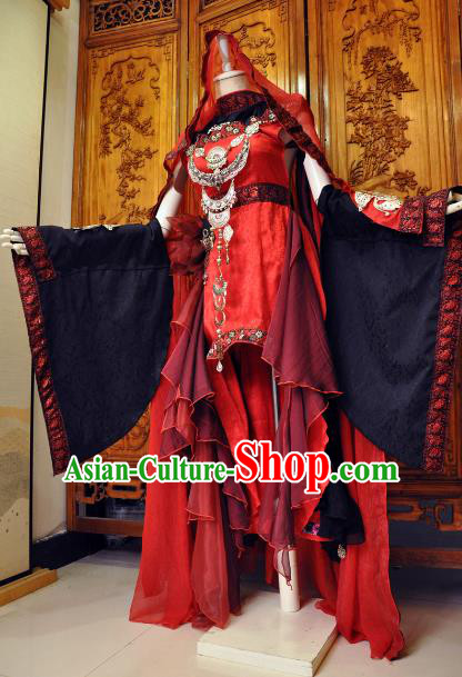 Chinese Traditional Cosplay Female Knight Costume Ancient Swordswoman Red Dress for Women