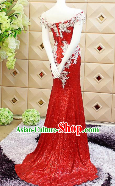 Top Grade Catwalks Red Paillette Evening Dress Compere Modern Fancywork Costume for Women
