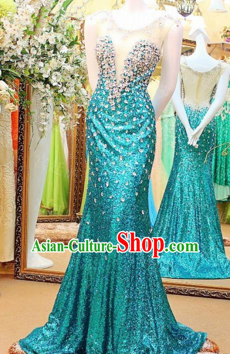 Top Grade Catwalks Blue Paillette Evening Dress Compere Modern Fancywork Costume for Women