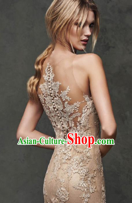 Top Grade Catwalks Embroidered Champagne Evening Dress Compere Modern Fancywork Costume for Women