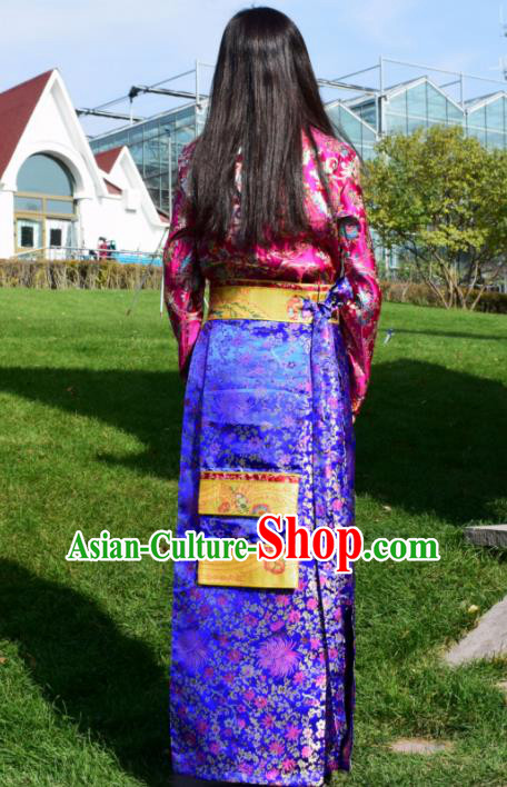Chinese Traditional Tibetan National Ethnic Royalblue Brocade Robe Zang Nationality Costume for Women