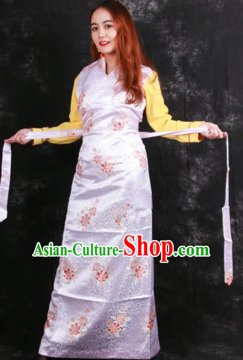 Chinese Traditional Tibetan Ethnic Bride White Brocade Dress Zang Nationality Heishui Dance Costume for Women