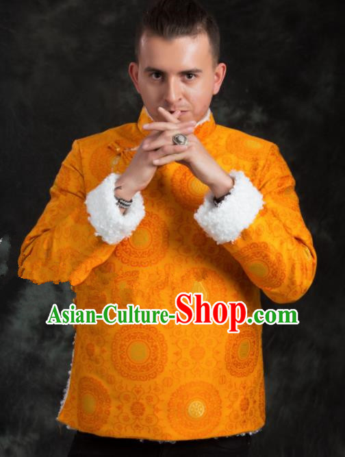 Chinese Traditional Tibetan Yellow Brocade Cotton Padded Jacket Zang Nationality Ethnic Costume for Men
