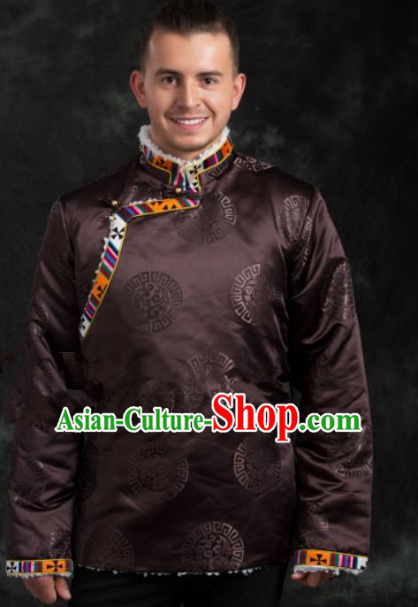 Chinese Traditional Tibetan Brown Brocade Cotton Padded Jacket Zang Nationality Ethnic Costume for Men