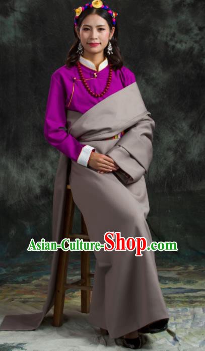 Chinese Traditional National Ethnic Grey Tibetan Robe Zang Nationality Costume for Women