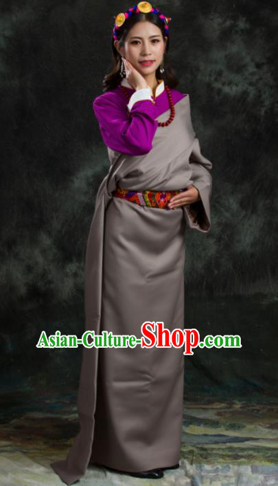 Chinese Traditional National Ethnic Grey Tibetan Robe Zang Nationality Costume for Women