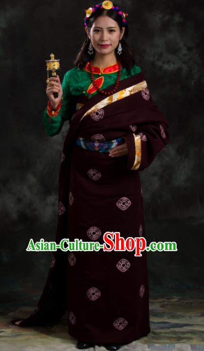 Chinese Traditional National Ethnic Amaranth Tibetan Robe Zang Nationality Costume for Women