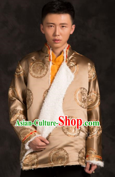 Chinese Traditional Tibetan Golden Brocade Jacket Zang Nationality Wedding Ethnic Costume for Men