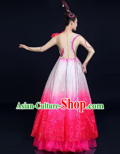 Traditional Chinese Classical Dance Rosy Dress Umbrella Dance Stage Performance Fan Dance Costume for Women
