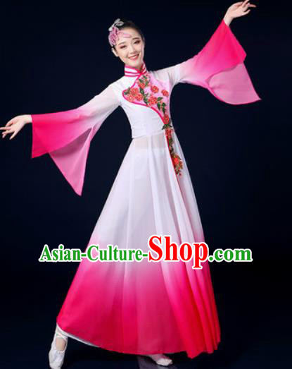 Chinese Traditional Classical Dance Rosy Dress Umbrella Dance Stage Performance Costume for Women