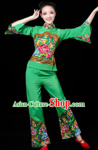 Traditional Chinese Folk Dance Printing Green Clothing Yangko Dance Fan Dance Costume for Women