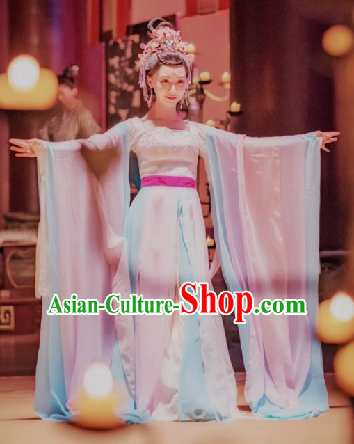 Chinese Ancient Drama Imperial Consort Embroidered Replica Costume Tang Dynasty Palace Dancer Hanfu Dress and Headpiece for Women