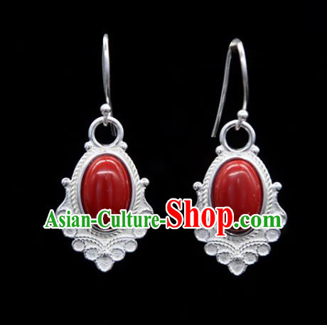Chinese Traditional Tibetan Ethnic Ear Accessories Zang Nationality Handmade Red Stone Earrings for Women