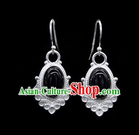 Chinese Traditional Tibetan Ethnic Ear Accessories Zang Nationality Handmade Black Stone Earrings for Women