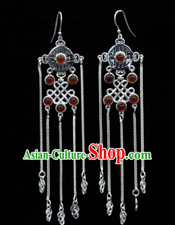 Chinese Traditional Mongolion Ethnic Red Agate Tassel Ear Accessories Mongol Nationality Handmade Earrings for Women