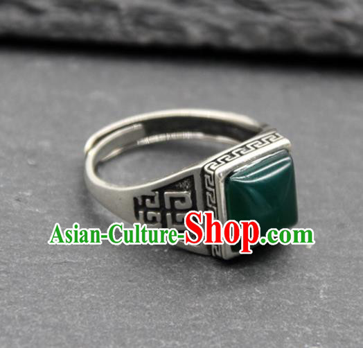 Chinese Traditional Tibetan Ethnic Green Stone Rings Handmade Zang Nationality Sliver Finger Ring for Men