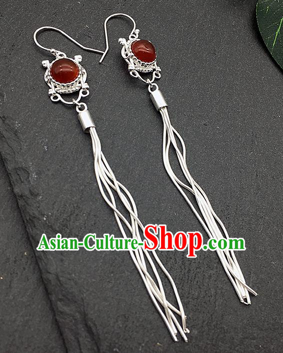 Chinese Traditional Tibetan Ethnic Garnet Sliver Long Tassel Ear Accessories Zang Nationality Earrings for Women