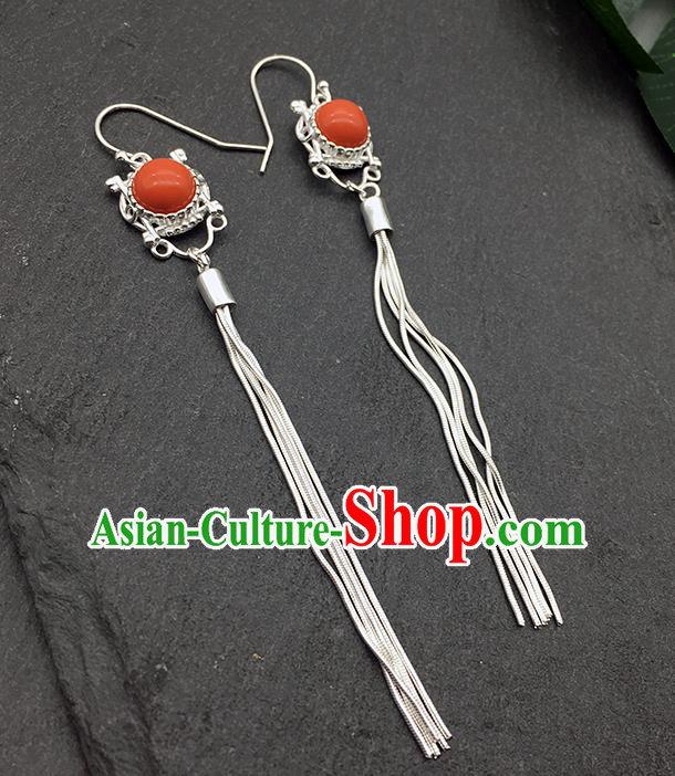 Chinese Traditional Tibetan Ethnic Coral Stone Sliver Long Tassel Ear Accessories Zang Nationality Earrings for Women