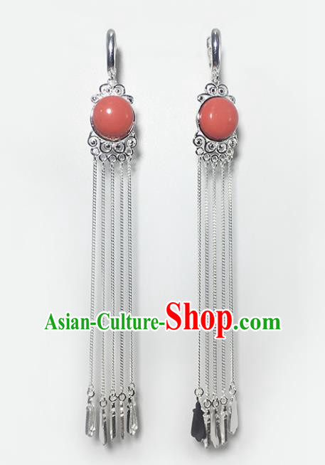 Chinese Traditional Mongolian Ethnic Accessories Mongol Nationality Coral Stone Sliver Tassel Earrings for Women
