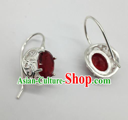 Chinese Traditional Mongolian Ethnic Accessories Mongol Nationality Red Crystal Earrings for Women