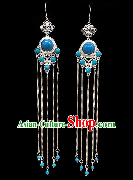 Chinese Traditional Mongolian Ethnic Sliver Accessories Mongol Nationality Blue Earrings for Women
