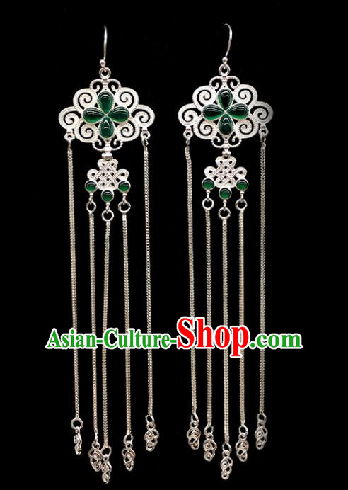 Traditional Chinese Mongolian Ethnic Sliver Tassel Earring Mongol Nationality Green Agate Ear Accessories for Women