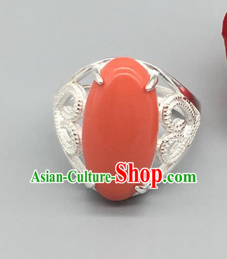 Chinese Traditional Ethnic Coral Stone Rings Handmade Zang Nationality Sliver Finger Ring for Women