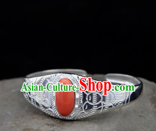 Chinese Traditional Ethnic Coral Stone Bracelet Handmade Zang Nationality Sliver Bangle for Women