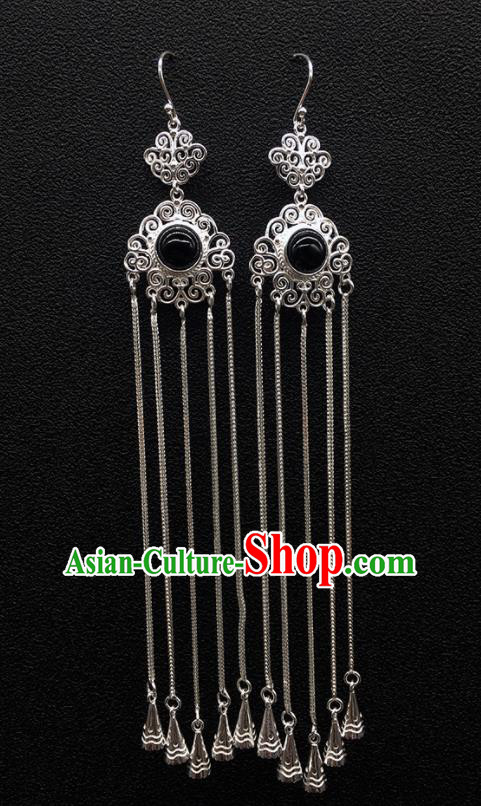 Traditional Chinese Mongolian Ethnic Sliver Tassel Earring Mongol Nationality Black Stone Ear Accessories for Women