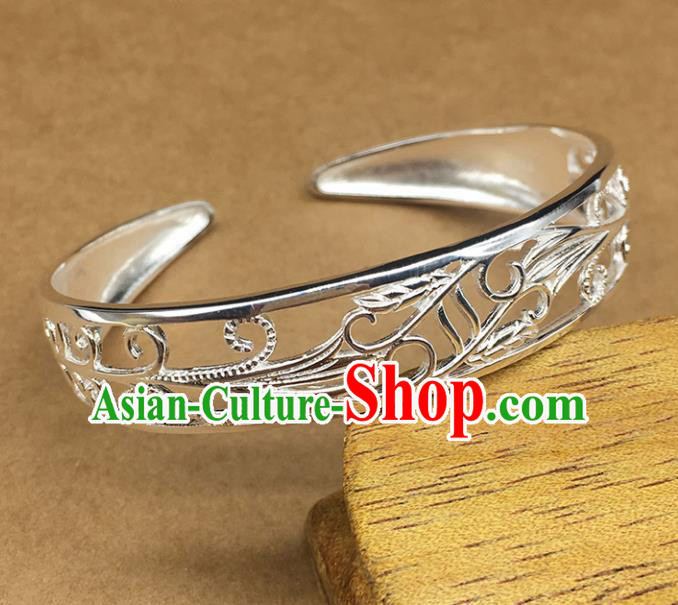 Traditional Chinese Mongolian Ethnic Carving Bracelet Mongol Nationality Sliver Bangle Accessories for Women