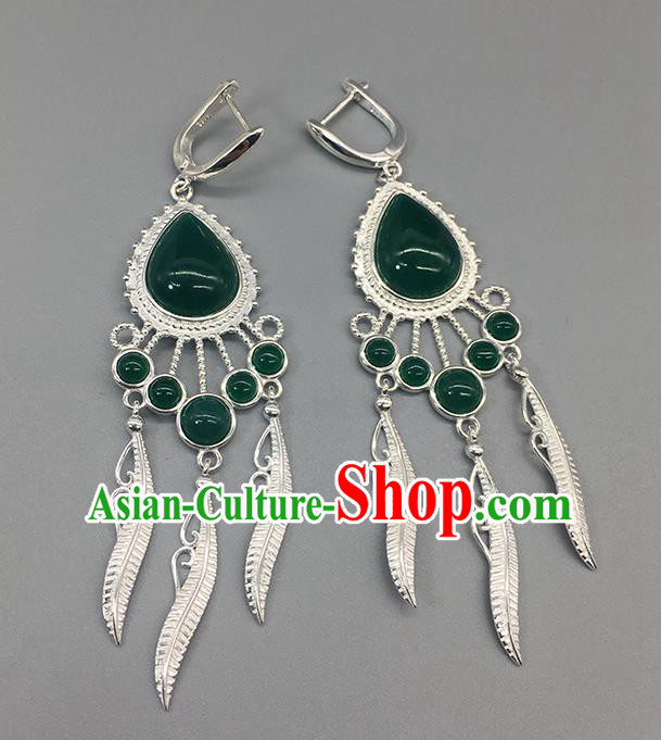 Traditional Chinese Mongolian Green Agate Earring Mongol Nationality Ethnic Sliver Ear Accessories for Women