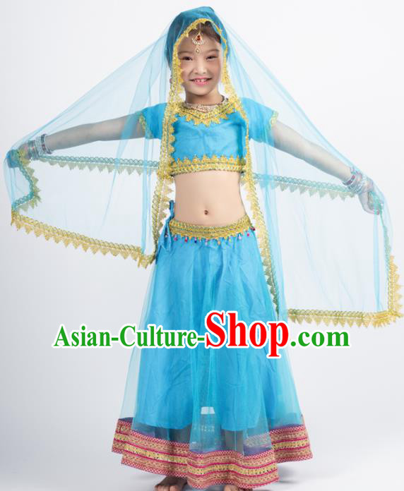 Asian India Blue Sari Traditional Bollywood Costumes South Asia Indian Princess Belly Dance Dress for Kids