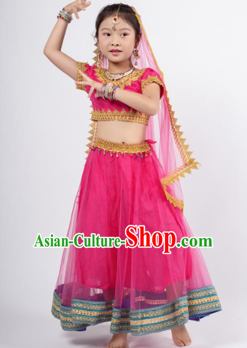 Asian India Rosy Sari Traditional Bollywood Costumes South Asia Indian Princess Belly Dance Dress for Kids