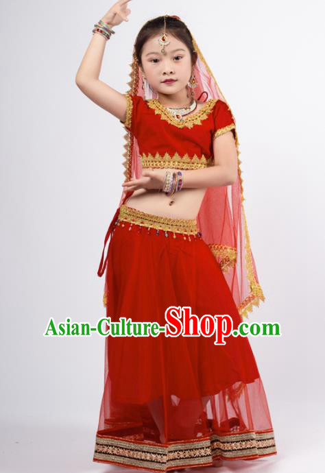 Asian India Red Sari Traditional Bollywood Costumes South Asia Indian Princess Belly Dance Dress for Kids