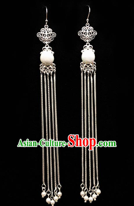 Traditional Chinese Mongolian Ethnic Long Tassel Earring Mongol Nationality White Bead Ear Accessories for Women