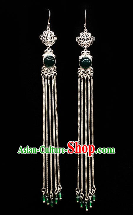 Traditional Chinese Mongolian Ethnic Long Tassel Earring Mongol Nationality Green Bead Ear Accessories for Women