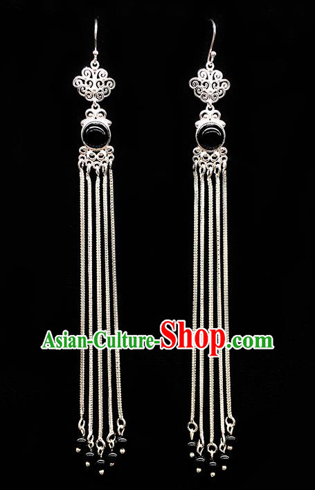 Traditional Chinese Mongolian Ethnic Long Tassel Earring Mongol Nationality Black Bead Ear Accessories for Women