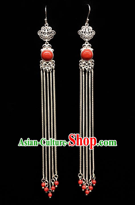 Traditional Chinese Mongolian Ethnic Long Tassel Earring Mongol Nationality Orange Bead Ear Accessories for Women