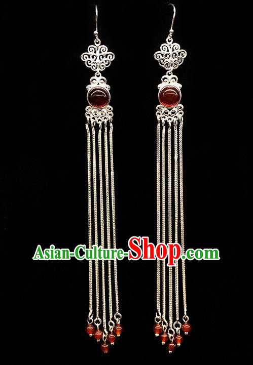 Traditional Chinese Mongolian Ethnic Long Tassel Earring Mongol Nationality Red Bead Ear Accessories for Women