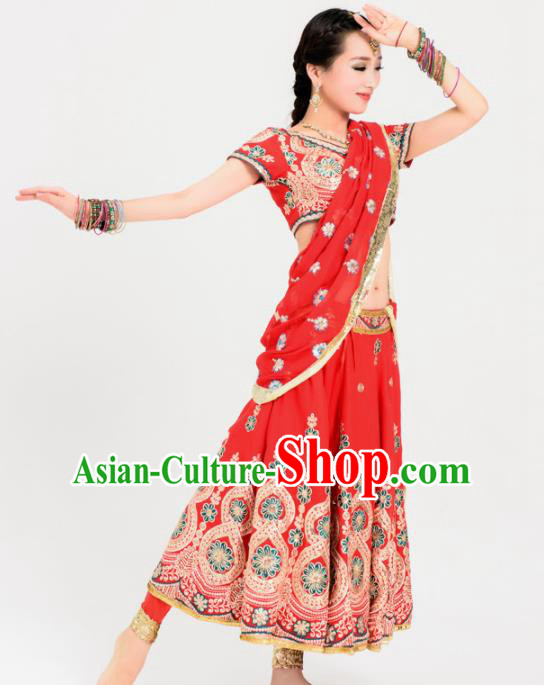Asian India Princess Traditional Bollywood Costumes South Asia Indian Belly Dance Red Sari Dress for Women