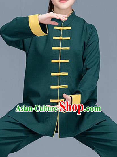 Asian Chinese Traditional Martial Arts Costume Tai Ji Kung Fu Training Green Linen Uniform for Women