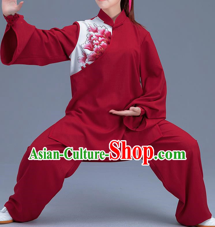 Asian Chinese Traditional Martial Arts Printing Peony Red Costume Tai Ji Kung Fu Training Uniform for Women