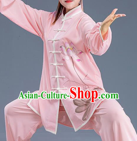 Asian Chinese Traditional Martial Arts Kung Fu Printing Lotus Pink Costume Tai Ji Training Group Competition Uniform for Women