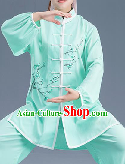 Asian Chinese Traditional Martial Arts Kung Fu Printing Plum Blossom Green Costume Tai Ji Training Group Competition Uniform for Women