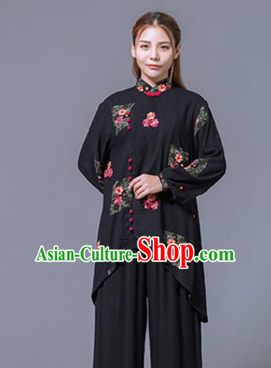 Asian Chinese Martial Arts Traditional Kung Fu Black Costume Tai Ji Training Group Competition Uniform for Women