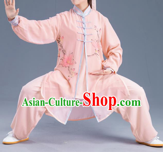 Asian Chinese Martial Arts Traditional Kung Fu Printing Pink Costume Tai Ji Training Group Competition Uniform for Women