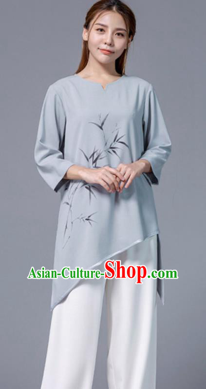 Asian Chinese Martial Arts Traditional Kung Fu Printing Bamboo Grey Costume Tai Ji Training Group Competition Uniform for Women