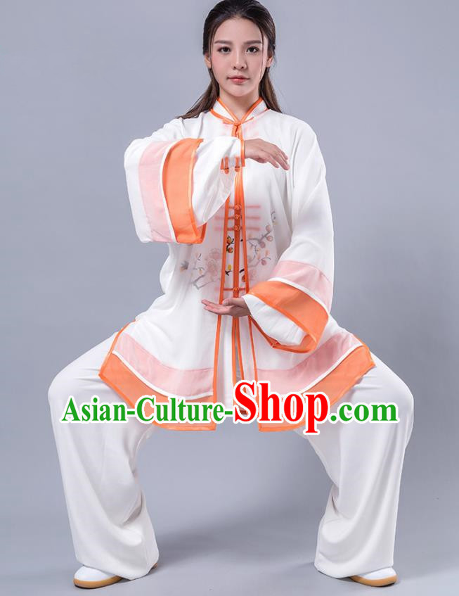 Asian Chinese Martial Arts Traditional Kung Fu Costume Tai Ji Training Group Competition Printing Orange Uniform for Women